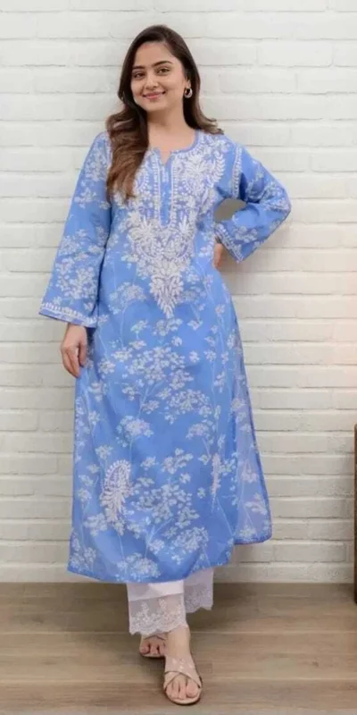 Simple Blue Poly Cotton Chikenkari Work Kurti