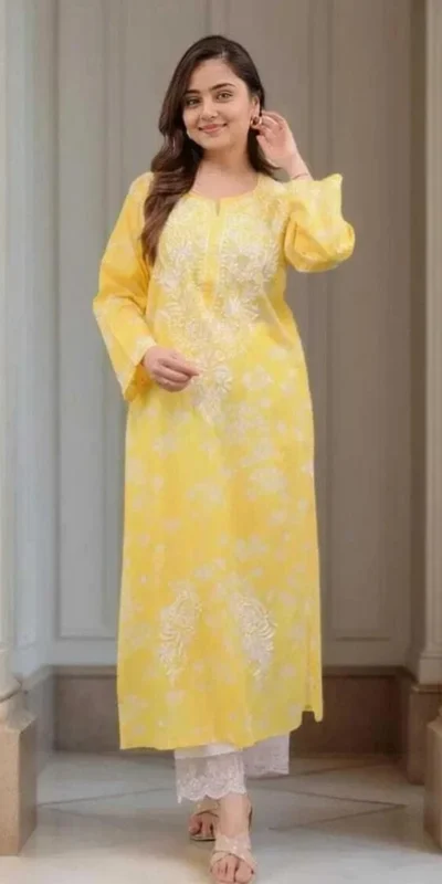 Simple Yellow Poly Cotton Chikenkari Work Kurti