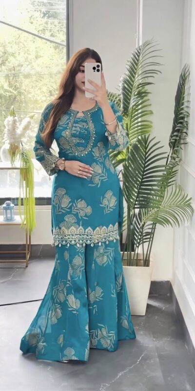 NSR 900 Sky Blue Faux Georgette Salwar Suit with Sequins Work & Embroidery Work. Now at just ₹2150. Delivery 4-6 Working Days. Shop now. | Jump Suits, Salwar suit, Casual Suits, Creative suits, Designer Suits, Palazzo Suits, Party Wear Suits, Patiala Suits