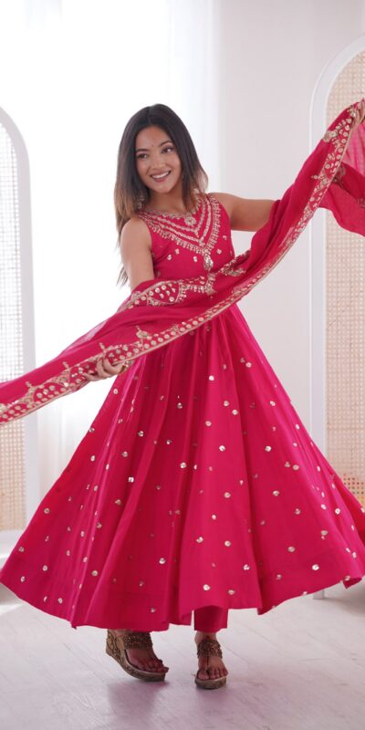 JF 038 Rani Pink Roman Silk Gown with Embroidery Work. Wedding, Party, Events, Navratri, Exclusive Offer ₹2149. Delivery 4-6 Working Days. Shop now. | Gowns, Bollywood Gowns, Creative Gowns, Designer Gowns, Embroidered Gowns, Party Wear Gowns