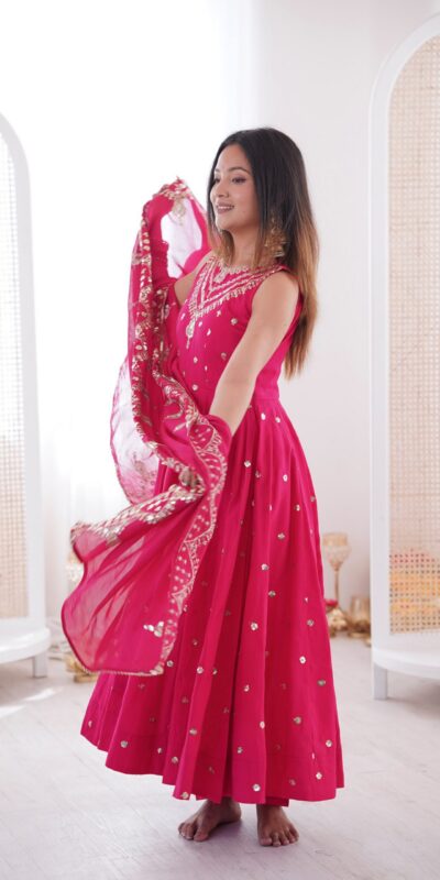 JF 038 Rani Pink Roman Silk Gown with Embroidery Work. Wedding, Party, Events, Navratri, Exclusive Offer ₹2149. Delivery 4-6 Working Days. Shop now. | Gowns, Bollywood Gowns, Creative Gowns, Designer Gowns, Embroidered Gowns, Party Wear Gowns