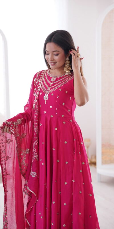 JF 038 Rani Pink Roman Silk Gown with Embroidery Work. Wedding, Party, Events, Navratri, Exclusive Offer ₹2149. Delivery 4-6 Working Days. Shop now. | Gowns, Bollywood Gowns, Creative Gowns, Designer Gowns, Embroidered Gowns, Party Wear Gowns