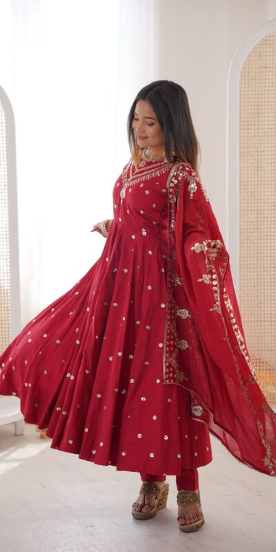 JF 038 Red Roman Silk Gown with Embroidery Work. Wedding, Party, Festive, Events, Navratri, Exclusive Offer ₹2149. Delivery 4-6 Working Days. Shop now. | Gowns, Bollywood Gowns, Creative Gowns, Designer Gowns, Embroidered Gowns, Party Wear Gowns
