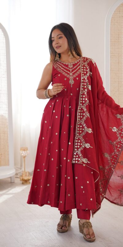 JF 038 Red Roman Silk Gown with Embroidery Work. Wedding, Party, Festive, Events, Navratri, Exclusive Offer ₹2149. Delivery 4-6 Working Days. Shop now. | Gowns, Bollywood Gowns, Creative Gowns, Designer Gowns, Embroidered Gowns, Party Wear Gowns