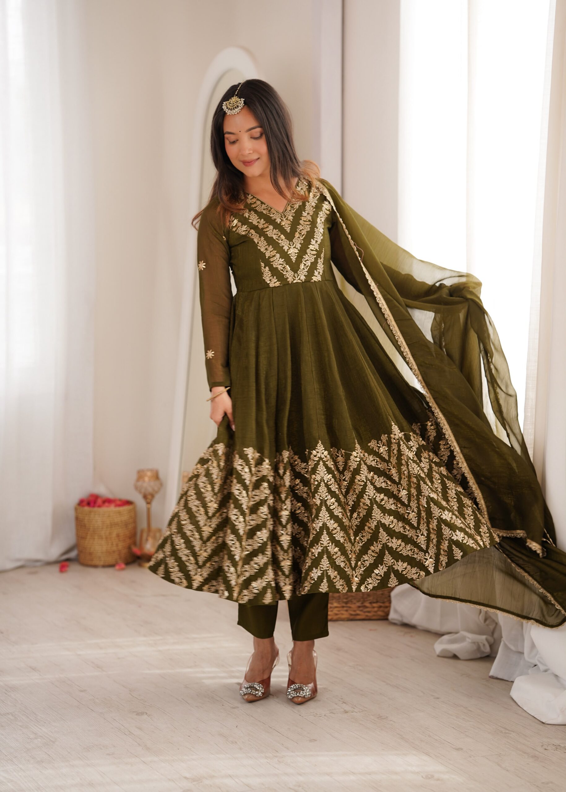JF 050 Mehandi Embroidery Work & Sequins Work Salwar Suit in Peach Crunchy Silk. Festive Deal ₹2099. Delivery 4-6 Working Days. Shop now. | Anarkali Suits, Bollywood Anarkali, Creative-Anarkali, Designer Anarkali, Embroidered Anarkali, Party Wear Anarkali