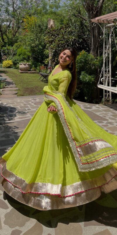 RTC 6048 Parrot Green | Parrot Tabby Organza Silk Gown with Hand Work & Mirror Work. Special Price ₹2549. Delivery 4-6 Working Days. Shop now. | Gowns, Bollywood Gowns, Creative Gowns, Designer Gowns, Embroidered Gowns, Party Wear Gowns