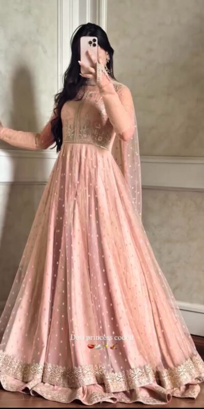 RTC 5991 Peach | Peach Faux Georgette Gown with Sequins Work. Festive Deal ₹2599. Delivery 4-6 Working Days. Online Shop now. | Gowns, Bollywood Gowns, Creative Gowns, Designer Gowns, Embroidered Gowns, Party Wear Gowns