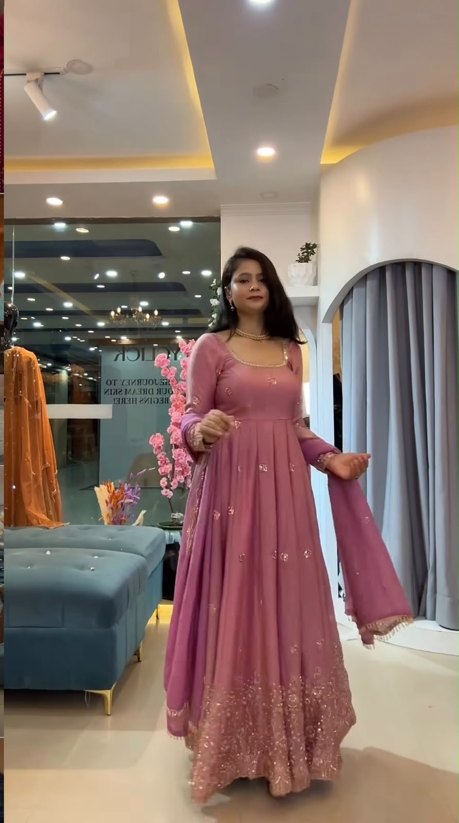JF 052 Peach Fendy Silk Gown with Sequins Work & Thread Embroidery. Now at just ₹2399. Delivery 4-6 Working Days. Shop now. | Gowns, Bollywood Gowns, Creative Gowns, Designer Gowns, Embroidered Gowns, Party Wear Gowns