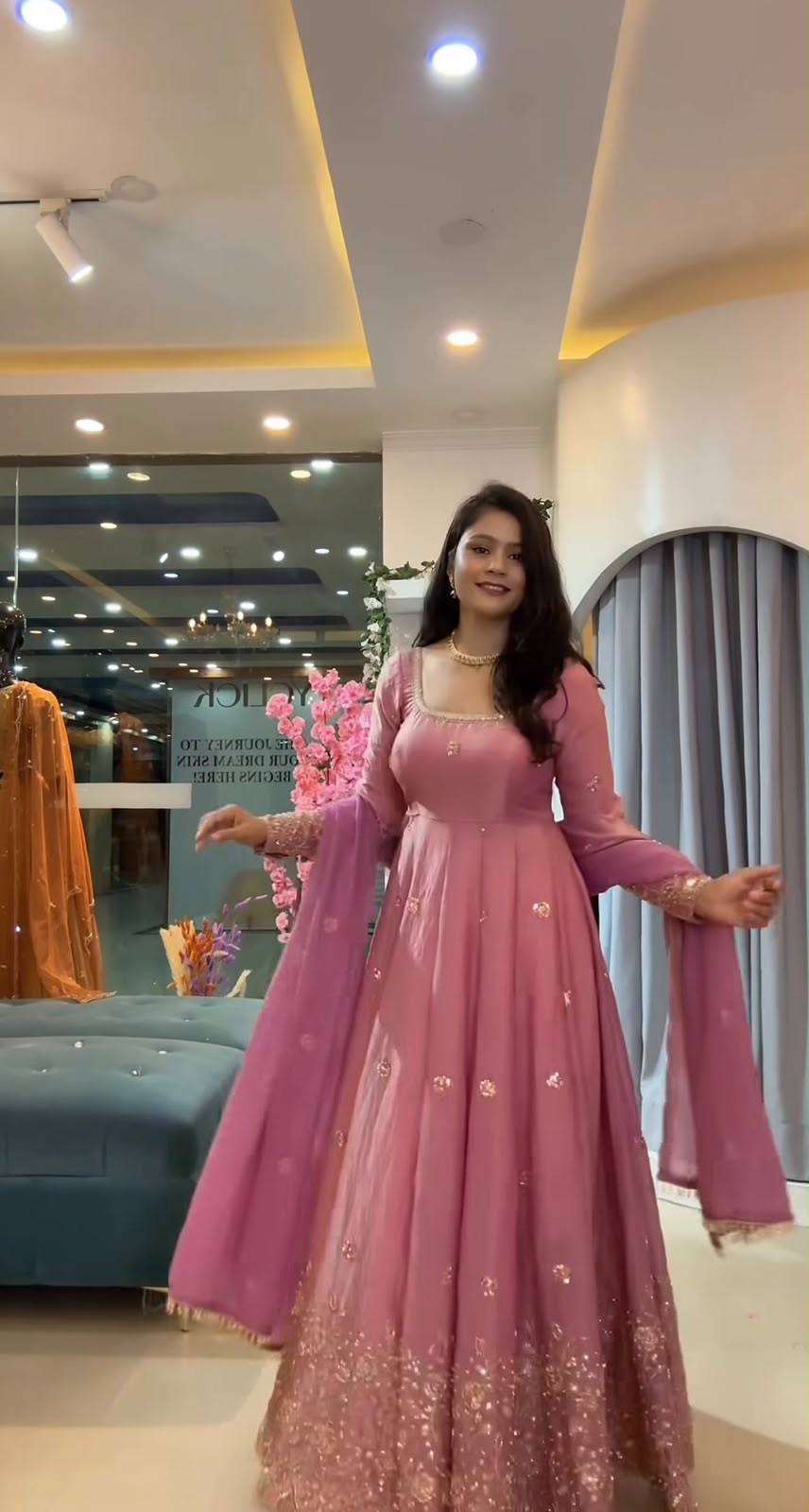 JF 052 Peach Fendy Silk Gown with Sequins Work & Thread Embroidery. Now at just ₹2399. Delivery 4-6 Working Days. Shop now. | Gowns, Bollywood Gowns, Creative Gowns, Designer Gowns, Embroidered Gowns, Party Wear Gowns