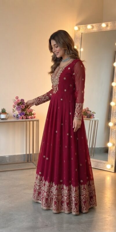 SSR 546 Red in Georgette Embroidery Work & Sequins Work Gown . Get it for ₹2149. Delivery 4-6 Working Days. Online Shop now. | Gowns, Bollywood Gowns, Creative Gowns, Designer Gowns, Embroidered Gowns, Party Wear Gowns