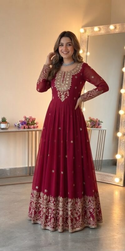 SSR 546 Red in Georgette Embroidery Work & Sequins Work Gown . Get it for ₹2149. Delivery 4-6 Working Days. Online Shop now. | Gowns, Bollywood Gowns, Creative Gowns, Designer Gowns, Embroidered Gowns, Party Wear Gowns