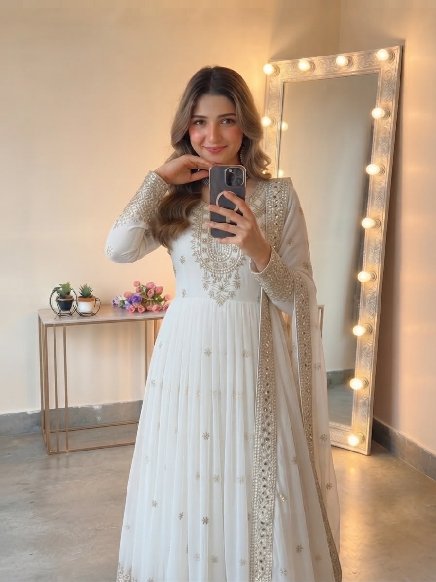 SSR 546 White in Georgette Embroidery Work & Sequins Work Gown . Get it for ₹2149. Delivery 4-6 Working Days. Online Shop now. | Gowns, Bollywood Gowns, Creative Gowns, Designer Gowns, Embroidered Gowns, Party Wear Gowns