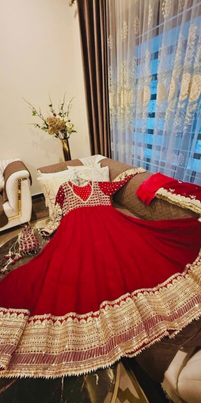 JF 049 Red Georgette Gown with Embroidery Work & Sequins Work. Exclusive Offer ₹2149. Delivery 4-6 Working Days. Shop now. | Gowns, Bollywood Gowns, Creative Gowns, Designer Gowns, Embroidered Gowns, Party Wear Gowns