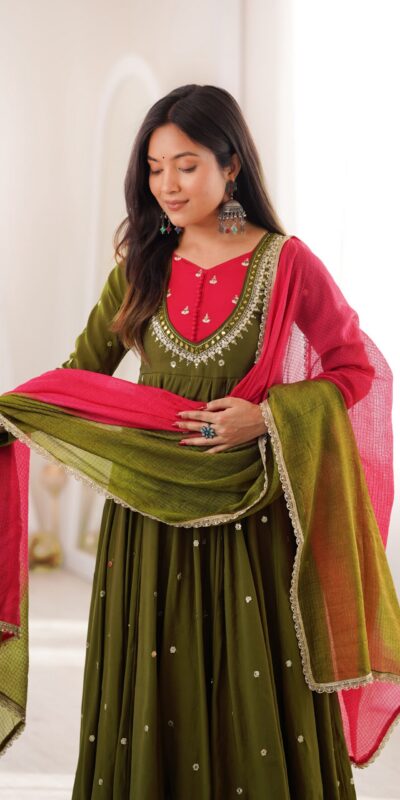ZF 5023 Mehandi Roman Silk Gown with Mirror Work & Embroidery Work. Special Price ₹2099. Delivery 4-6 Working Days. Shop now. | Gowns, Bollywood Gowns, Creative Gowns, Designer Gowns, Embroidered Gowns, Party Wear Gowns