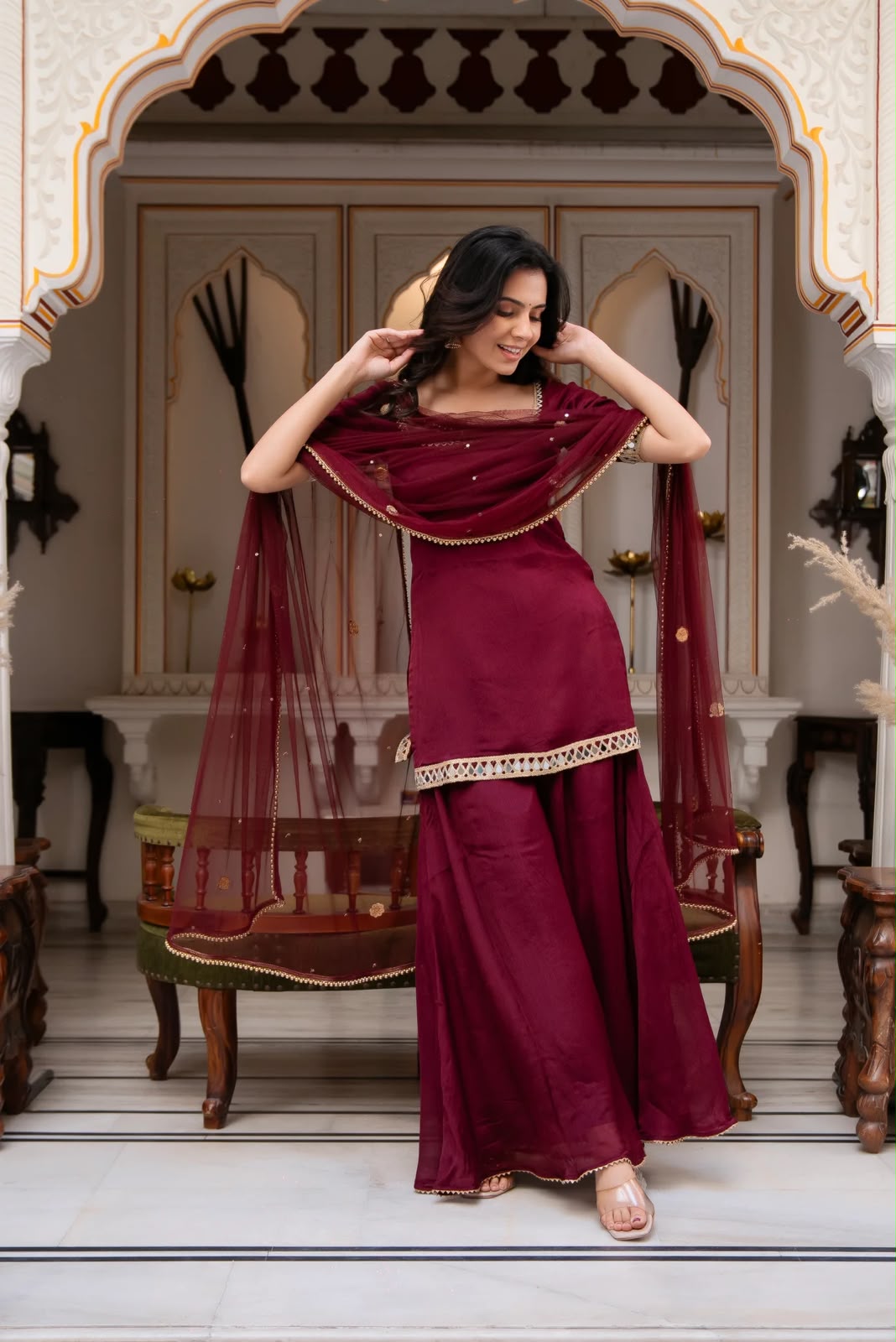 ST 1197 Maroon | Faux Georgette Salwar Suit with Mirror Work & Embroidery Work. Get it for ₹1849. Delivery 4-6 Working Days. Shop now. | Jump Suits, Salwar suit, Casual Suits, Creative suits, Designer Suits, Palazzo Suits, Party Wear Suits, Patiala Suits, Straight Suits