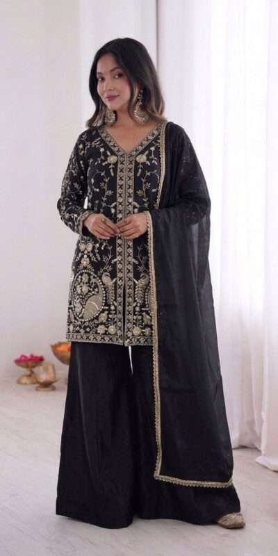 JF 043 Black Pure Fendy Silk Salwar Suitwith Embroidery Work & Sequins Work. Exclusive Offer ₹1940. Delivery 4-6 Working Days. Shop now. | Jump Suits, Salwar suit, Casual Suits, Creative suits, Designer Suits, Palazzo Suits, Party Wear Suits, Patiala Suits, Straight Suits