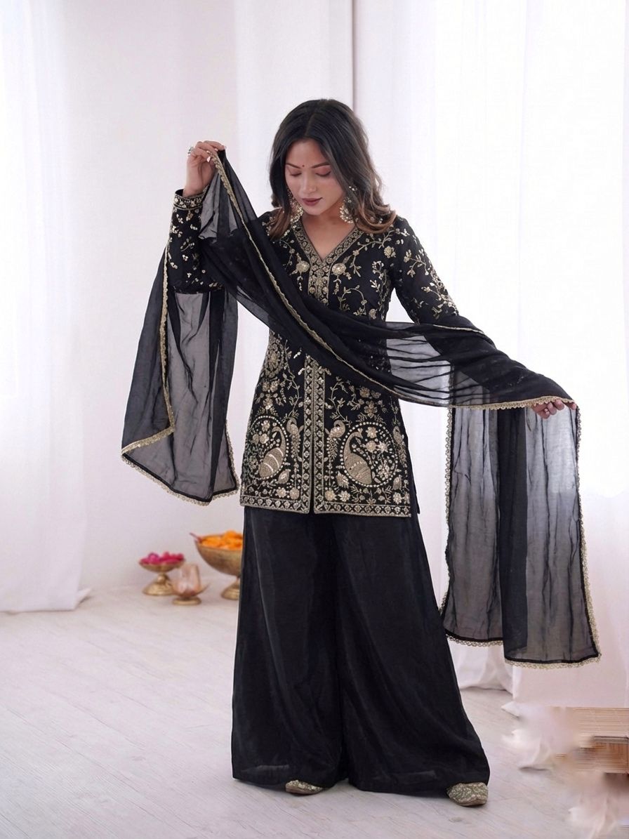 JF 043 Black Pure Fendy Silk Salwar Suitwith Embroidery Work & Sequins Work. Exclusive Offer ₹1940. Delivery 4-6 Working Days. Shop now. | Jump Suits, Salwar suit, Casual Suits, Creative suits, Designer Suits, Palazzo Suits, Party Wear Suits, Patiala Suits, Straight Suits