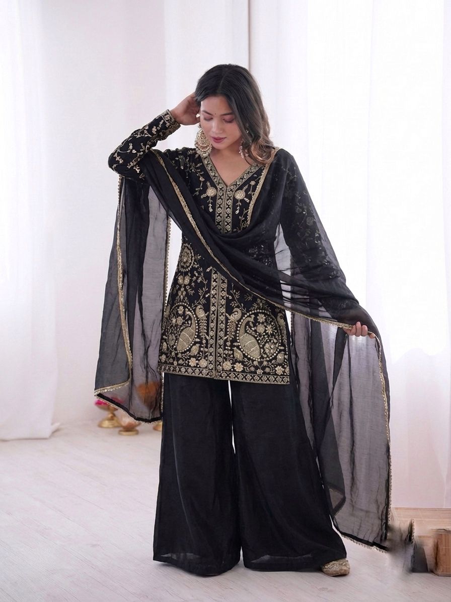 JF 043 Black Pure Fendy Silk Salwar Suitwith Embroidery Work & Sequins Work. Exclusive Offer ₹1940. Delivery 4-6 Working Days. Shop now. | Jump Suits, Salwar suit, Casual Suits, Creative suits, Designer Suits, Palazzo Suits, Party Wear Suits, Patiala Suits, Straight Suits