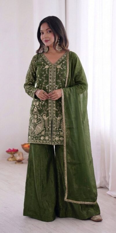 JF 043 Green Pure Fendy Silk Salwar Suitwith Embroidery Work & Sequins Work. Exclusive Offer ₹1940. Delivery 4-6 Working Days. Shop now. | Jump Suits, Salwar suit, Casual Suits, Creative suits, Designer Suits, Palazzo Suits, Party Wear Suits, Patiala Suits, Straight Suits