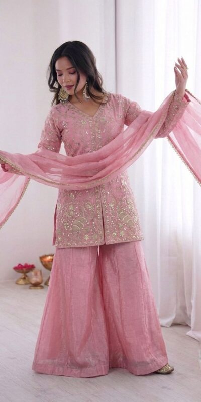 JF 043 Light Pink Pure Fendy Silk Salwar Suitwith Embroidery Work & Sequins Work. Exclusive Offer ₹1940. Delivery 4-6 Working Days. Shop now. | Jump Suits, Salwar suit, Casual Suits, Creative suits, Designer Suits, Palazzo Suits, Party Wear Suits, Patiala Suits, Straight Suits