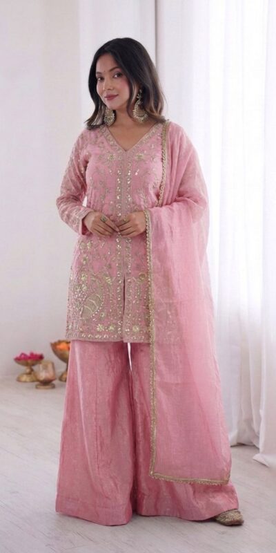 JF 043 Light Pink Pure Fendy Silk Salwar Suitwith Embroidery Work & Sequins Work. Exclusive Offer ₹1940. Delivery 4-6 Working Days. Shop now. | Jump Suits, Salwar suit, Casual Suits, Creative suits, Designer Suits, Palazzo Suits, Party Wear Suits, Patiala Suits, Straight Suits