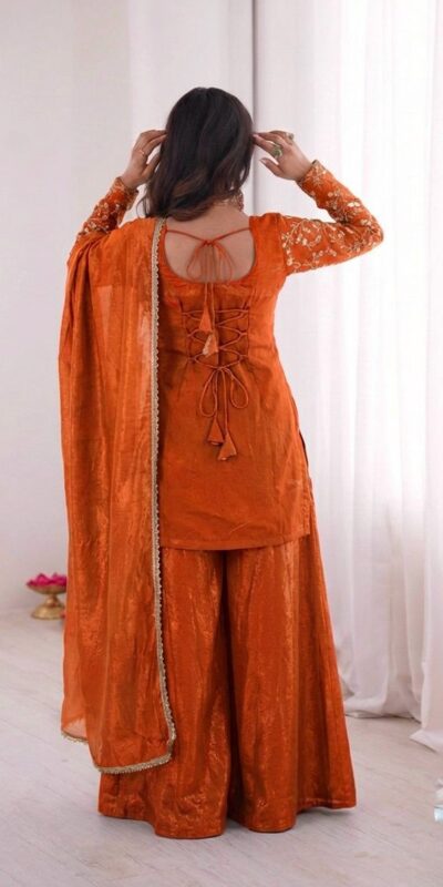 JF 043 Orange Pure Fendy Silk Salwar Suitwith Embroidery Work & Sequins Work. Exclusive Offer ₹1940. Delivery 4-6 Working Days. Shop now. | Jump Suits, Salwar suit, Casual Suits, Creative suits, Designer Suits, Palazzo Suits, Party Wear Suits, Patiala Suits, Straight Suits