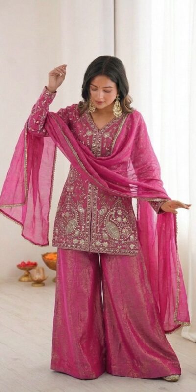 JF 043 Rani Pink Pure Fendy Silk Salwar Suitwith Embroidery Work & Sequins Work. Exclusive Offer ₹1940. Delivery 4-6 Working Days. Shop now. | Jump Suits, Salwar suit, Casual Suits, Creative suits, Designer Suits, Palazzo Suits, Party Wear Suits, Patiala Suits, Straight Suits