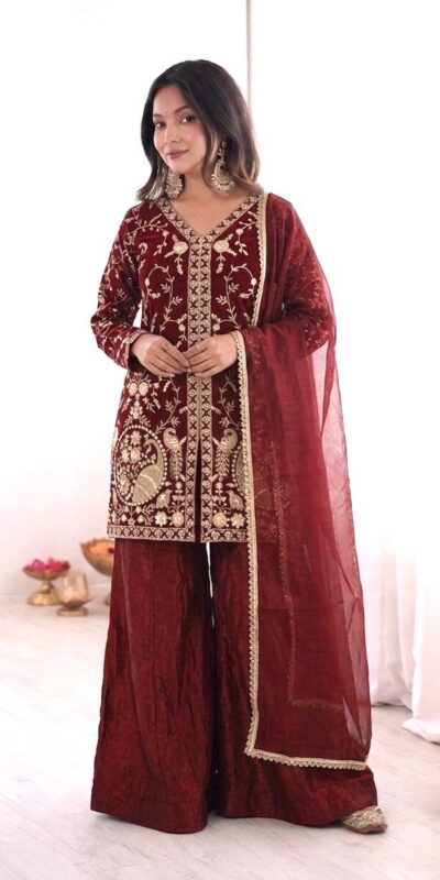JF 043 Rust Pure Fendy Silk Salwar Suitwith Embroidery Work & Sequins Work. Exclusive Offer ₹1940. Delivery 4-6 Working Days. Shop now. | Jump Suits, Salwar suit, Casual Suits, Creative suits, Designer Suits, Palazzo Suits, Party Wear Suits, Patiala Suits, Straight Suits