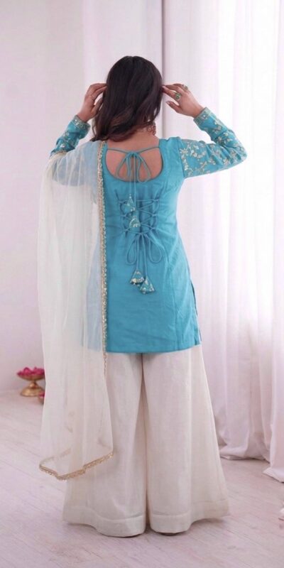 JF 043 Sky Blue Pure Fendy Silk Salwar Suitwith Embroidery Work & Sequins Work. Exclusive Offer ₹1940. Delivery 4-6 Working Days. Shop now. | Jump Suits, Salwar suit, Casual Suits, Creative suits, Designer Suits, Palazzo Suits, Party Wear Suits, Patiala Suits, Straight Suits