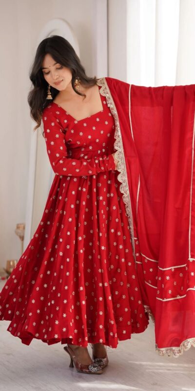 KD 1630 Red Zari Work & Embroidery Work Salwar Suit in Red Chinon Silk. Grab it for ₹2499. Delivery 4-6 Working Days. Shop now. | Anarkali Suits, Bollywood Anarkali, Creative-Anarkali, Designer Anarkali, Embroidered Anarkali, Party Wear Anarkali, Salwar suit