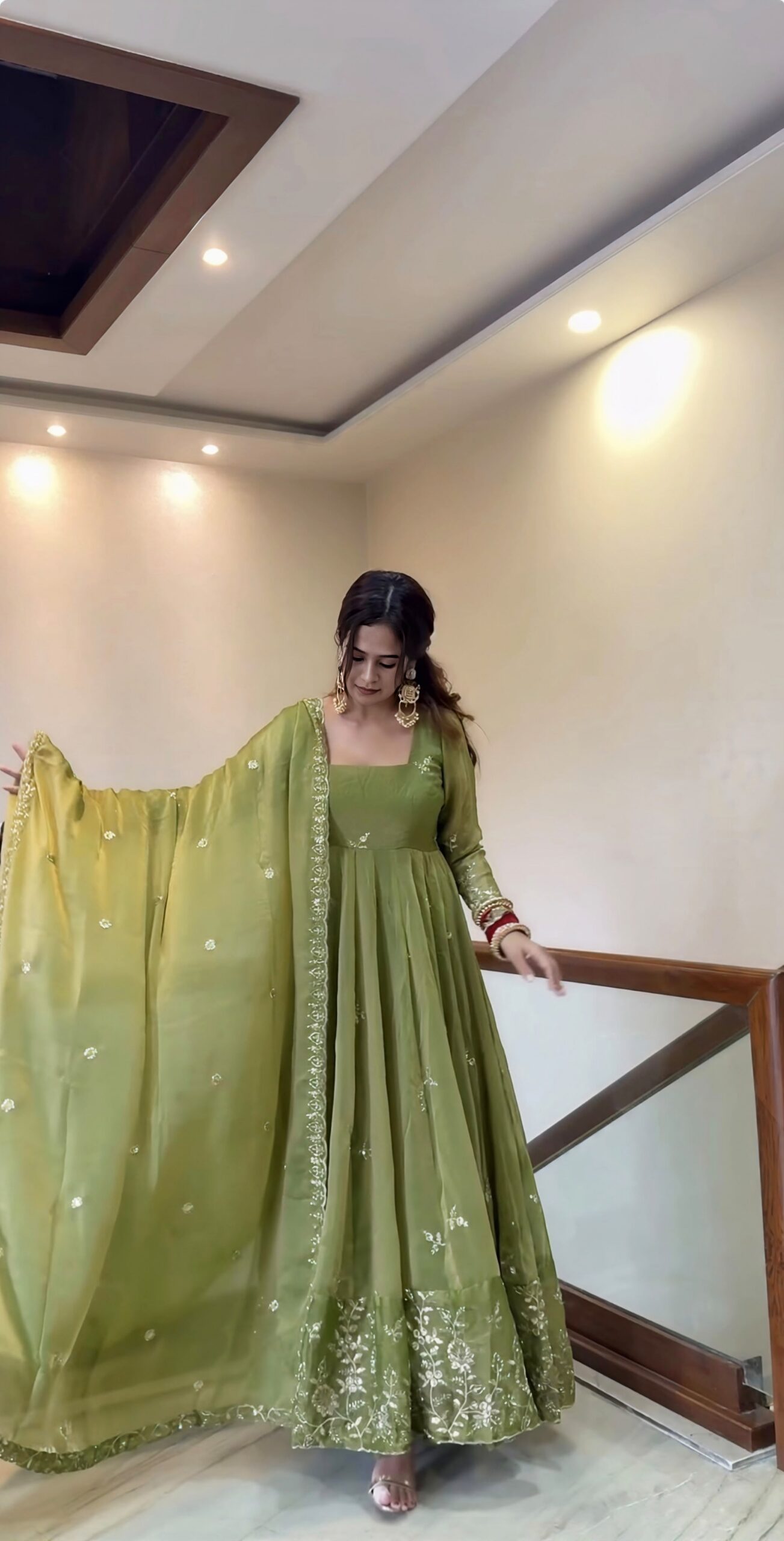 NSR 907 Mehendi Fendy Silk Gown with Embroidery Work & Sequins Work. Special Price ₹2399. Delivery 4-6 Working Days. Shop now. | Gowns, Bollywood Gowns, Creative Gowns, Designer Gowns, Embroidered Gowns, Party Wear Gowns