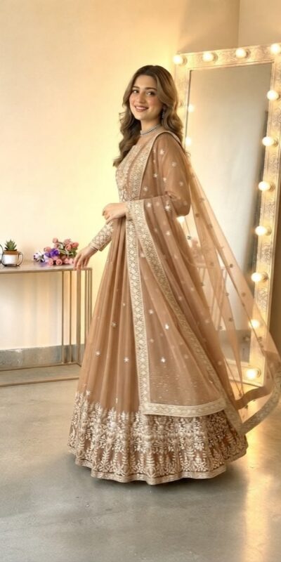SSR 546 Chiku in Georgette Embroidery Work & Sequins Work Gown . Get it for ₹2149. Delivery 4-6 Working Days. Online Shop now. | Gowns, Bollywood Gowns, Creative Gowns, Designer Gowns, Embroidered Gowns, Party Wear Gowns