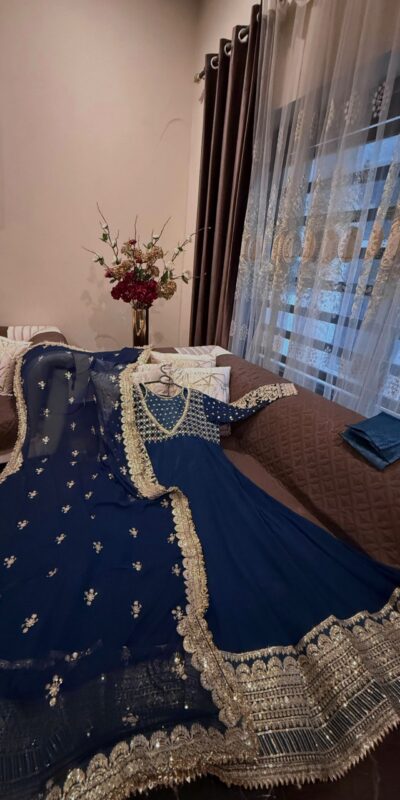 JF 049 Navy Blue Georgette Gown with Embroidery Work & Sequins Work. Exclusive Offer ₹2149. Delivery 4-6 Working Days. Shop now. | Gowns, Bollywood Gowns, Creative Gowns, Designer Gowns, Embroidered Gowns, Party Wear Gowns