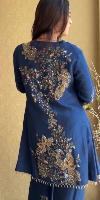 ST 1206 Navy Blue Malay Crepe Kurti with Embroidery Work & Bead Work. Available at ₹2199 only. Delivery 4-6 Working Days. Shop now. | Kurti, Bollywood Kurti, Creative Kurtis, Designer Kurti, Party Wear Kurti, Selfie Kurti
