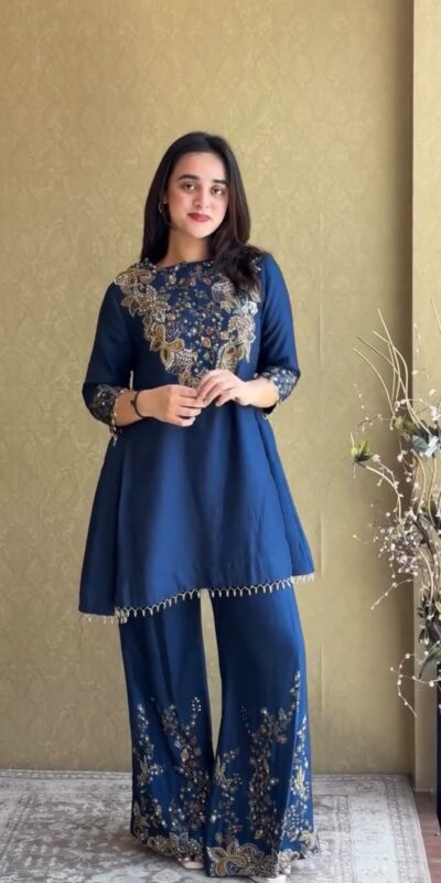 ST 1206 Navy Blue Malay Crepe Kurti with Embroidery Work & Bead Work. Available at ₹2199 only. Delivery 4-6 Working Days. Shop now. | Kurti, Bollywood Kurti, Creative Kurtis, Designer Kurti, Party Wear Kurti, Selfie Kurti