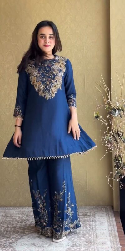 ST 1206 Navy Blue Malay Crepe Kurti with Embroidery Work & Bead Work. Available at ₹2199 only. Delivery 4-6 Working Days. Shop now. | Kurti, Bollywood Kurti, Creative Kurtis, Designer Kurti, Party Wear Kurti, Selfie Kurti