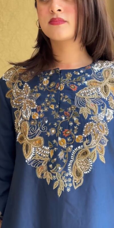 ST 1206 Navy Blue Malay Crepe Kurti with Embroidery Work & Bead Work. Available at ₹2199 only. Delivery 4-6 Working Days. Shop now. | Kurti, Bollywood Kurti, Creative Kurtis, Designer Kurti, Party Wear Kurti, Selfie Kurti
