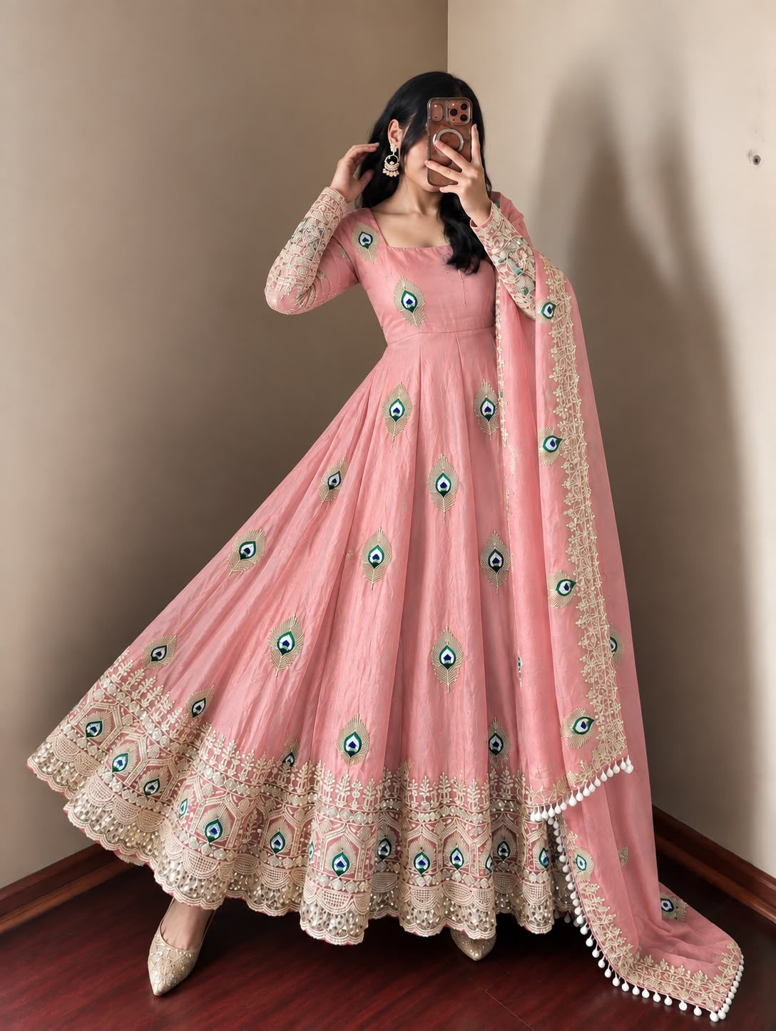 SRK 5372 Peach Fendy Silk Gown with Embroidery Work & Sequins Work. Special Price ₹2799. Delivery 4-6 Working Days. Shop now. | Gowns, Bollywood Gowns, Creative Gowns, Designer Gowns, Embroidered Gowns, Party Wear Gowns