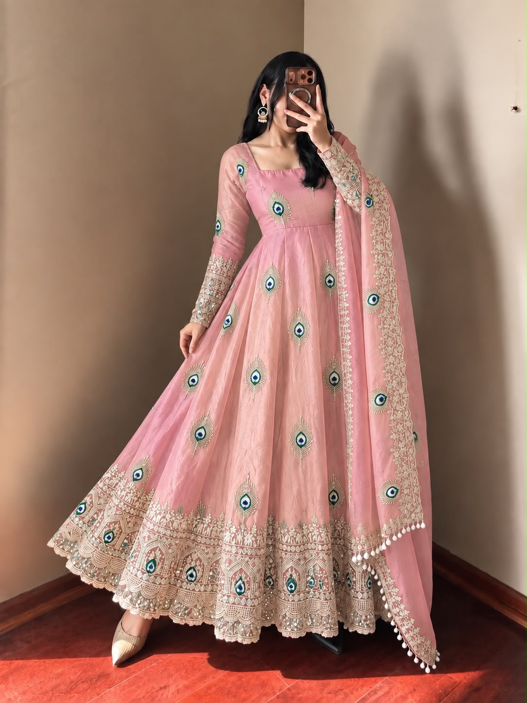 SRK 5372 Peach Fendy Silk Gown with Embroidery Work & Sequins Work. Special Price ₹2799. Delivery 4-6 Working Days. Shop now. | Gowns, Bollywood Gowns, Creative Gowns, Designer Gowns, Embroidered Gowns, Party Wear Gowns