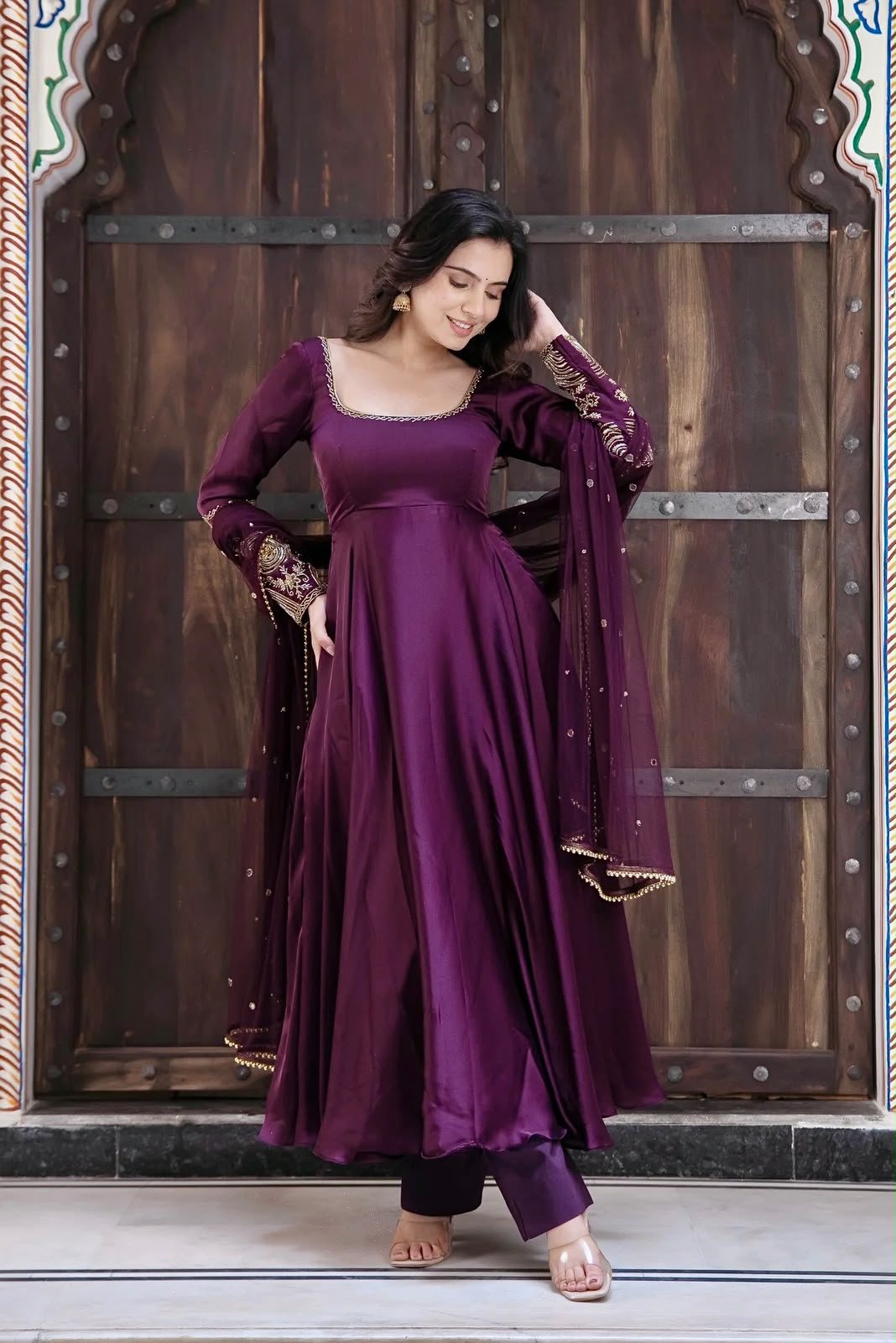 SRK 5373 Purple Upada Silk Gown Perfect for Wedding, Party, Onam, Housewarming, Durga Puja –. Grab it for ₹2199. Delivery 4-6 Working Days. Shop now. | Gowns, Bollywood Gowns, Creative Gowns, Designer Gowns, Embroidered Gowns, Party Wear Gowns