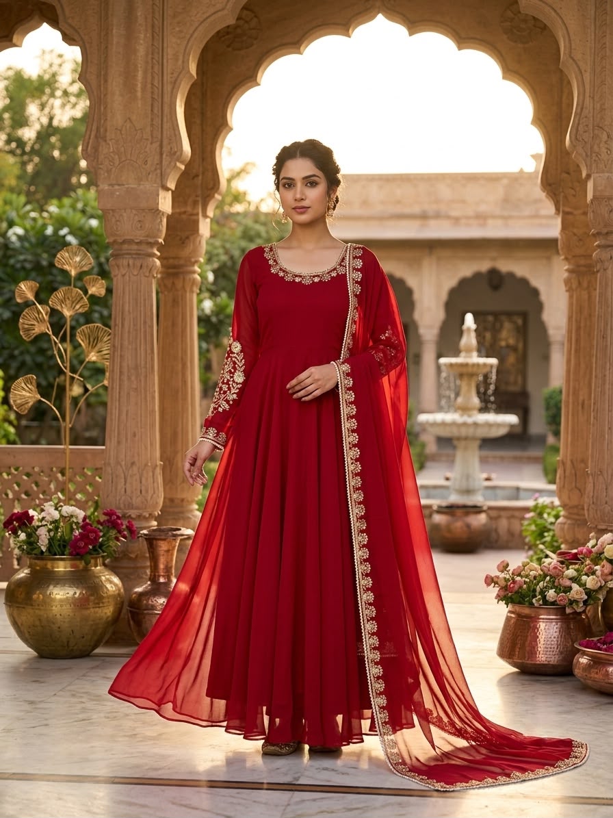 ZSR 3191 Red Faux Georgette Gown with Mirror Work & Embroidery Work. Get it for ₹2399. Delivery 4-6 Working Days. Online Shop now. | Gowns, Bollywood Gowns, Creative Gowns, Designer Gowns, Embroidered Gowns, Party Wear Gowns
