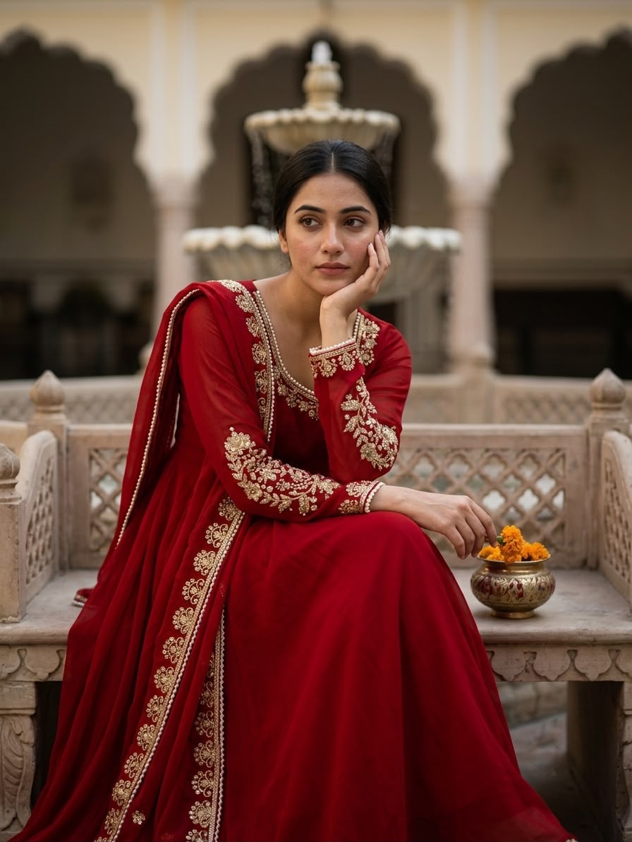 ZSR 3191 Red Faux Georgette Gown with Mirror Work & Embroidery Work. Get it for ₹2399. Delivery 4-6 Working Days. Online Shop now. | Gowns, Bollywood Gowns, Creative Gowns, Designer Gowns, Embroidered Gowns, Party Wear Gowns