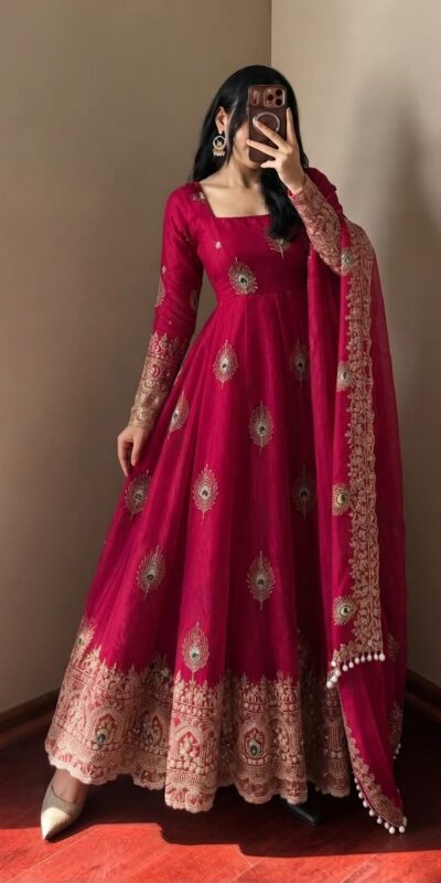 SRK 5372 Red Fendy Silk Gown with Embroidery Work & Sequins Work. Special Price ₹2799. Delivery 4-6 Working Days. Shop now. | Gowns, Bollywood Gowns, Creative Gowns, Designer Gowns, Embroidered Gowns, Party Wear Gowns