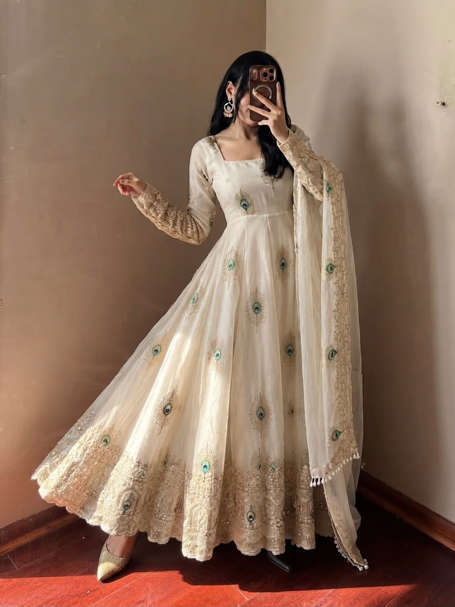 SRK 5372 White Fendy Silk Gown with Embroidery Work & Sequins Work. Special Price ₹2799. Delivery 4-6 Working Days. Shop now. | Gowns, Bollywood Gowns, Creative Gowns, Designer Gowns, Embroidered Gowns, Party Wear Gowns