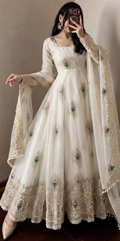 SRK 5372 White Fendy Silk Gown with Embroidery Work & Sequins Work. Special Price ₹2799. Delivery 4-6 Working Days. Shop now. | Gowns, Bollywood Gowns, Creative Gowns, Designer Gowns, Embroidered Gowns, Party Wear Gowns