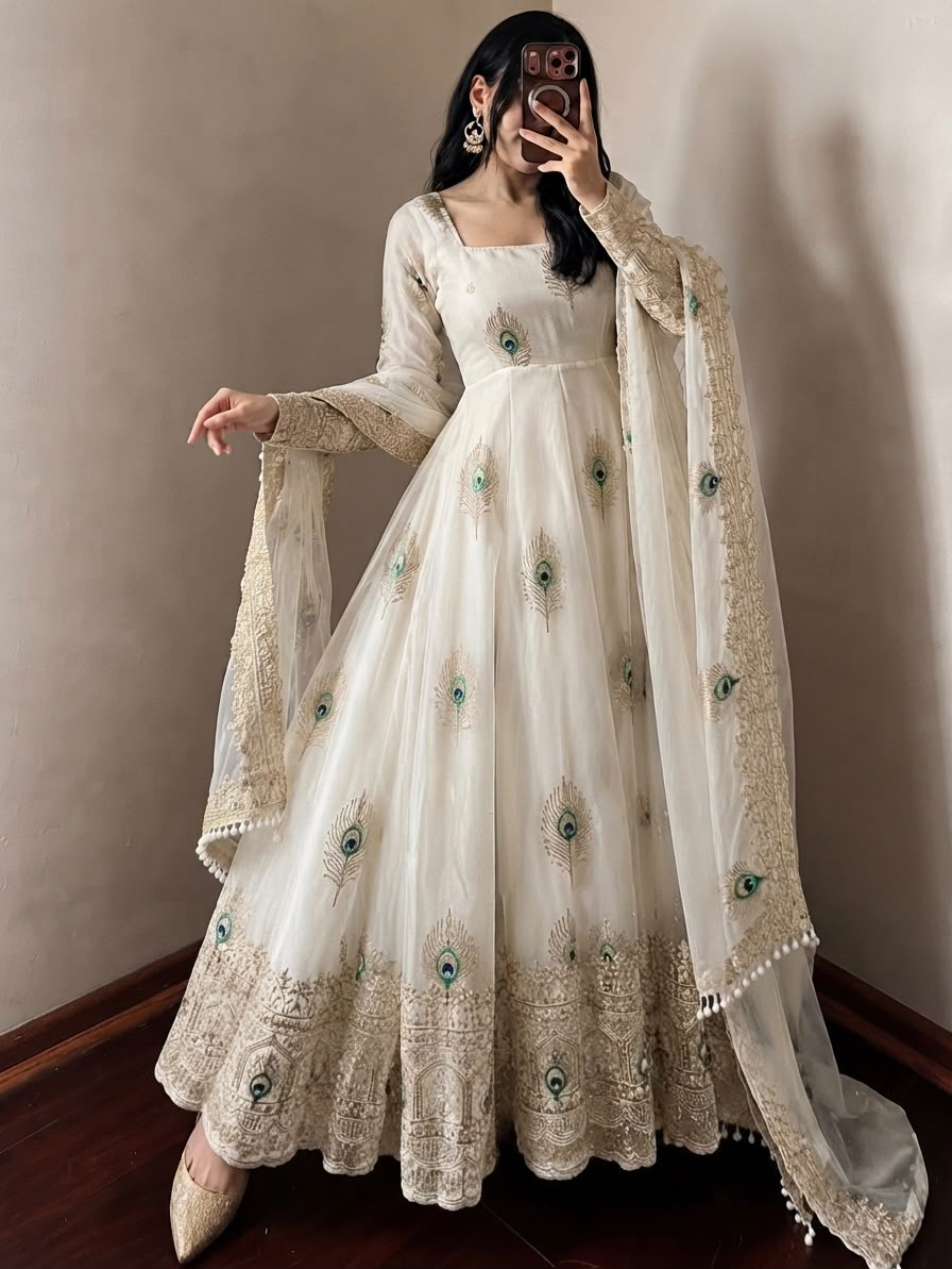 SRK 5372 White Fendy Silk Gown with Embroidery Work & Sequins Work. Special Price ₹2799. Delivery 4-6 Working Days. Shop now. | Gowns, Bollywood Gowns, Creative Gowns, Designer Gowns, Embroidered Gowns, Party Wear Gowns