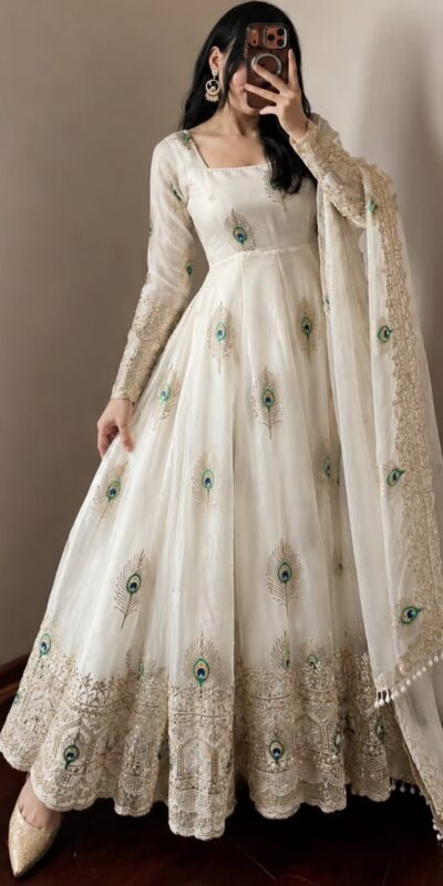 SRK 5372 White Fendy Silk Gown with Embroidery Work & Sequins Work. Special Price ₹2799. Delivery 4-6 Working Days. Shop now. | Gowns, Bollywood Gowns, Creative Gowns, Designer Gowns, Embroidered Gowns, Party Wear Gowns