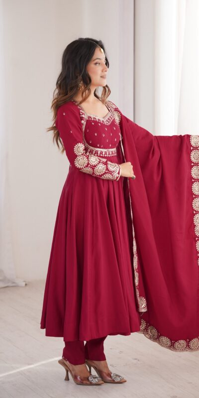 ZF 5026  Maroon Colour Roman Silk Salwar Suit with Embroidery Work. Best Price ₹2399. Delivery 4-6 Working Days. Online Shop now. | Anarkali Suits, Bollywood Anarkali, Creative-Anarkali, Designer Anarkali, Embroidered Anarkali, Party Wear Anarkali