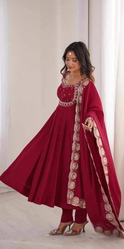 ZF 5026 Maroon Colour Roman Silk Salwar Suit with Embroidery Work. Best Price ₹2399. Delivery 4-6 Working Days. Online Shop now. | Anarkali Suits, Bollywood Anarkali, Creative-Anarkali, Designer Anarkali, Embroidered Anarkali, Party Wear Anarkali