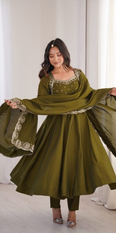 ZF 5026 Mehendi Colour Roman Silk Salwar Suit with Embroidery Work. Best Price ₹2399. Delivery 4-6 Working Days. Online Shop now. | Anarkali Suits, Bollywood Anarkali, Creative-Anarkali, Designer Anarkali, Embroidered Anarkali, Party Wear Anarkali